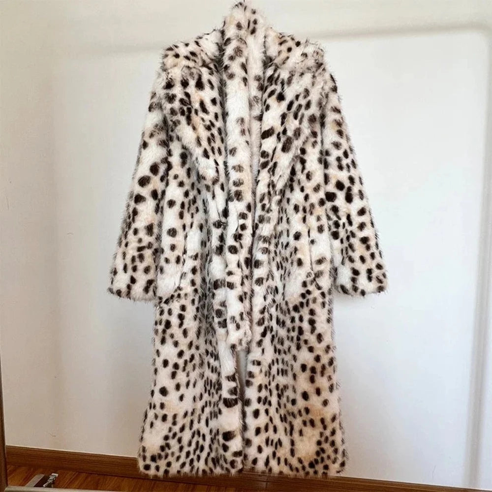 Snow Leopard Style Faux Fur Coat - Festigal