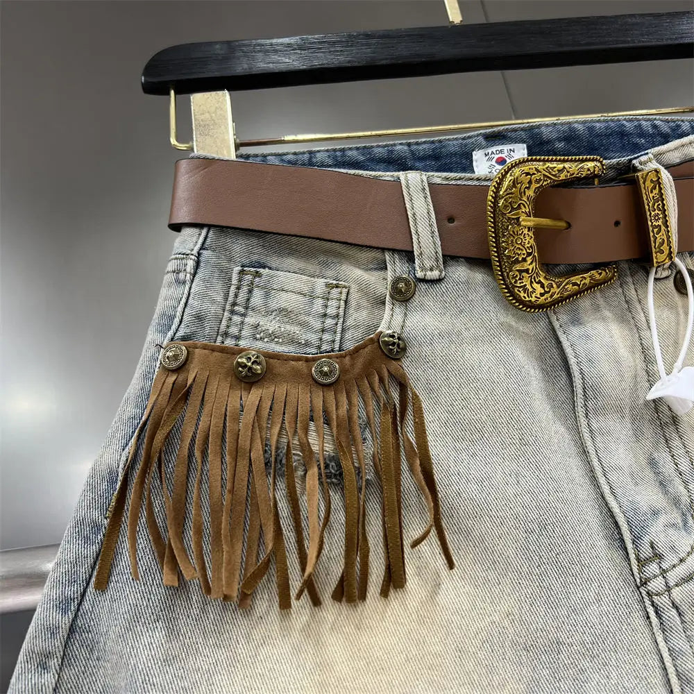 Denim Distressed Tassel Shorts