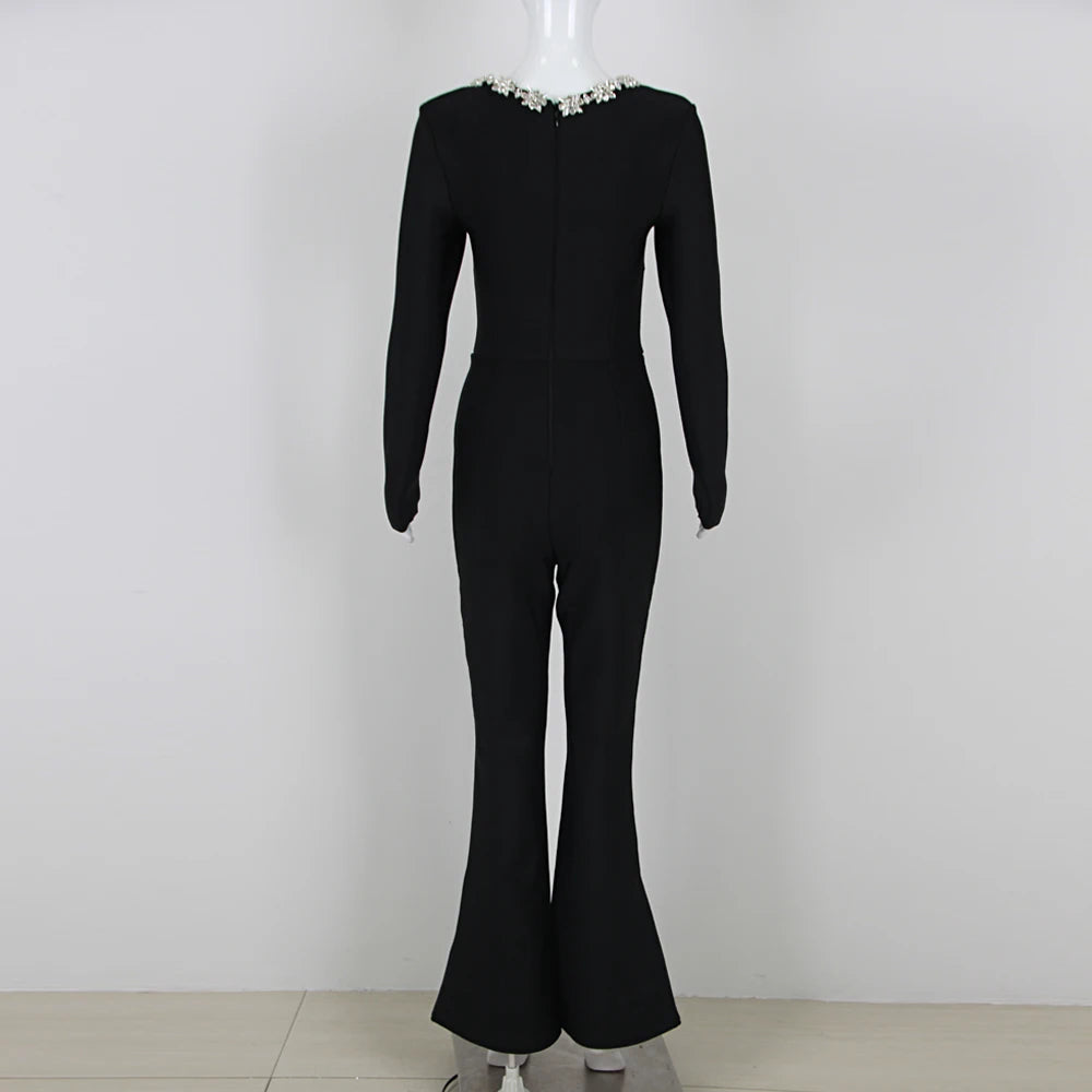 Bandage Rhinestone Collar Jumpsuit - Festigal