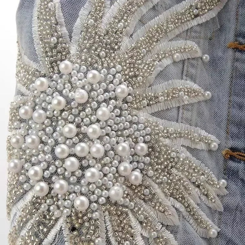 Embroidered Pearly Beaded Denim Vest - Festigal