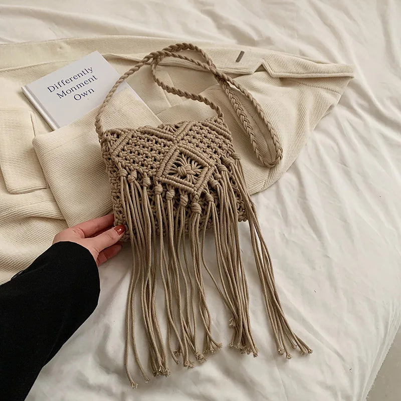 Fringed Woven Crochet Crossbody Bag