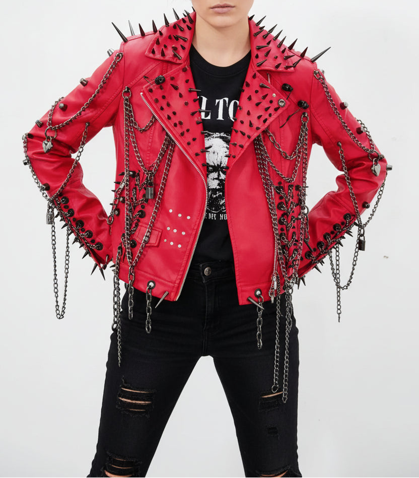 Red Faux Leather Spiked Jacket