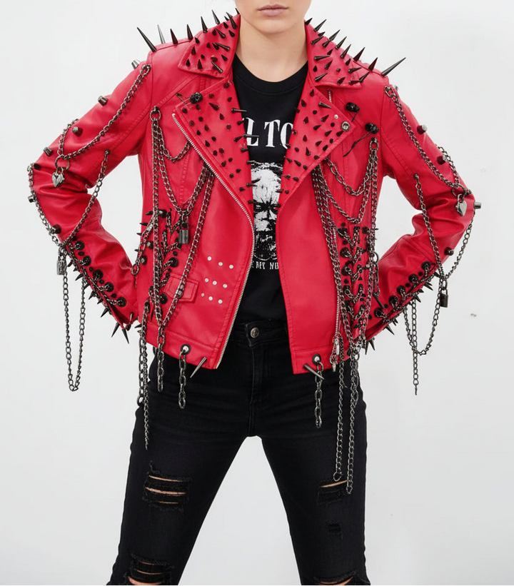 Red Faux Leather Spiked Jacket