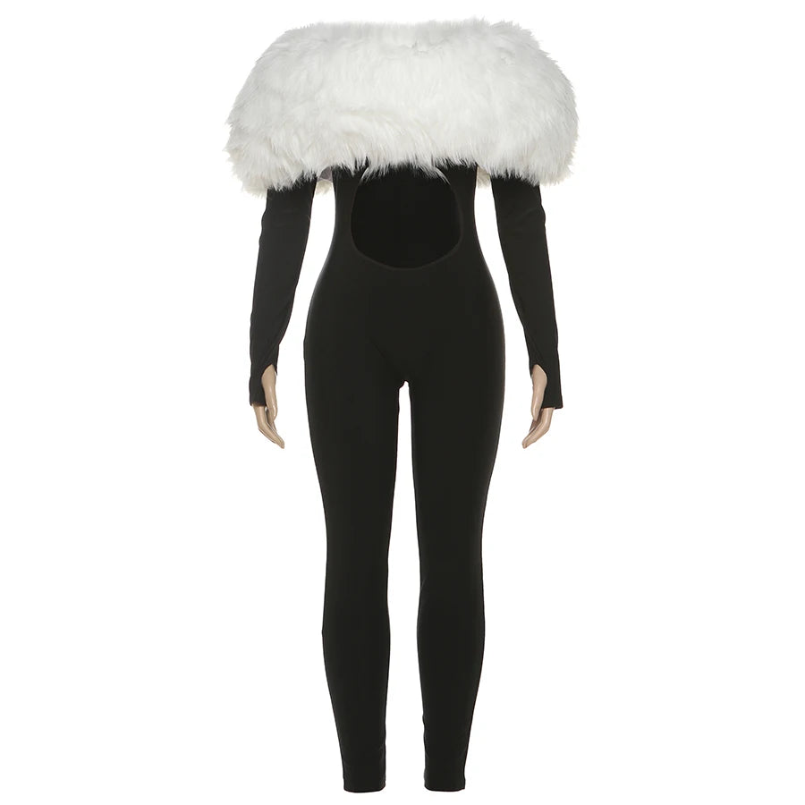 Fur Cut Out Wet Look Bodysuit