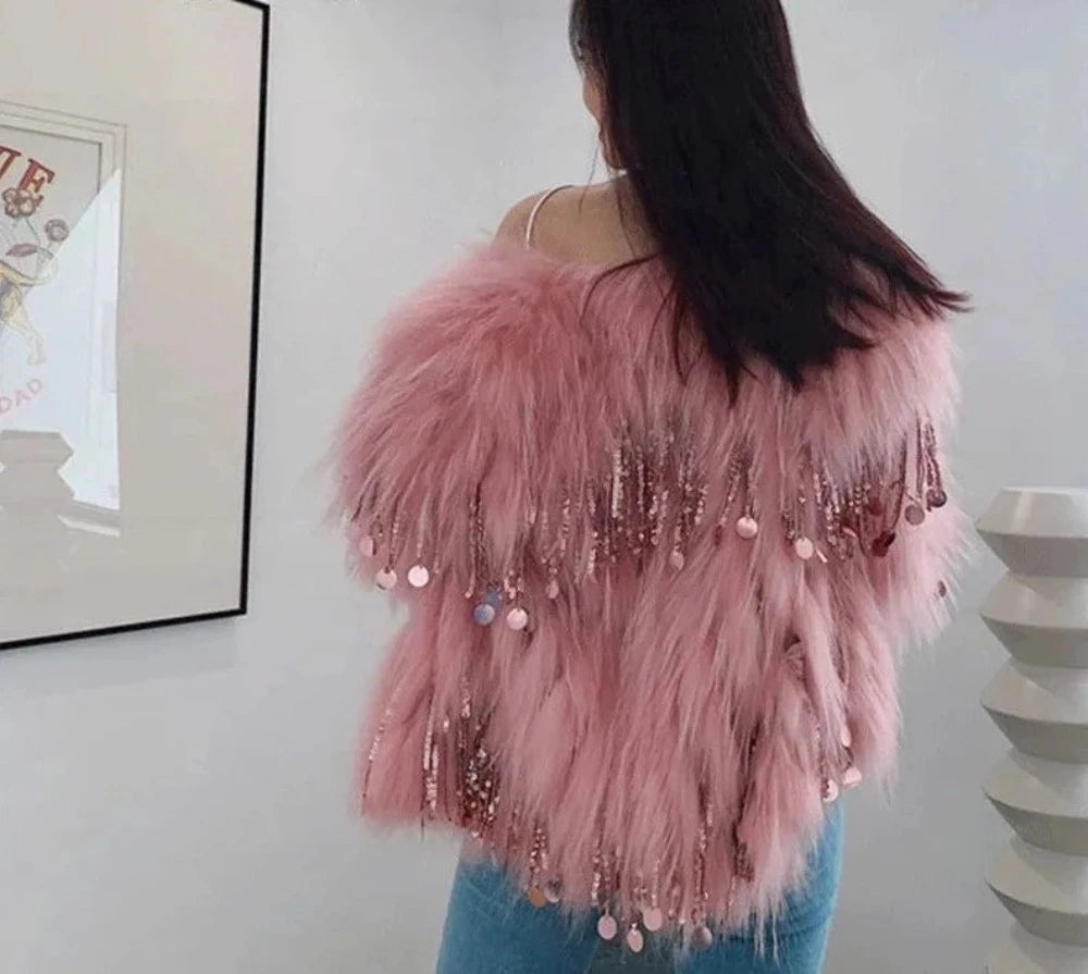 Women's Faux Fur Sequin Tassel Jacket - Festigal