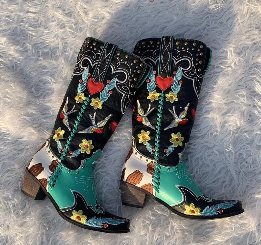 Embroidered Patchwork Cowboy Boots - Festigal
