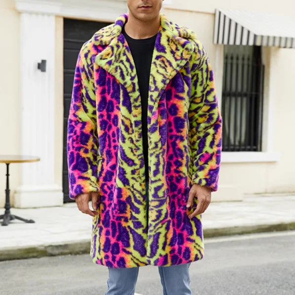 Men's Neon Leopard Print Faux Fur Coat - Festigal