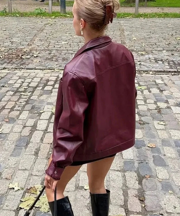 Burgundy Imitation Leather Loose Jacket - Festigal