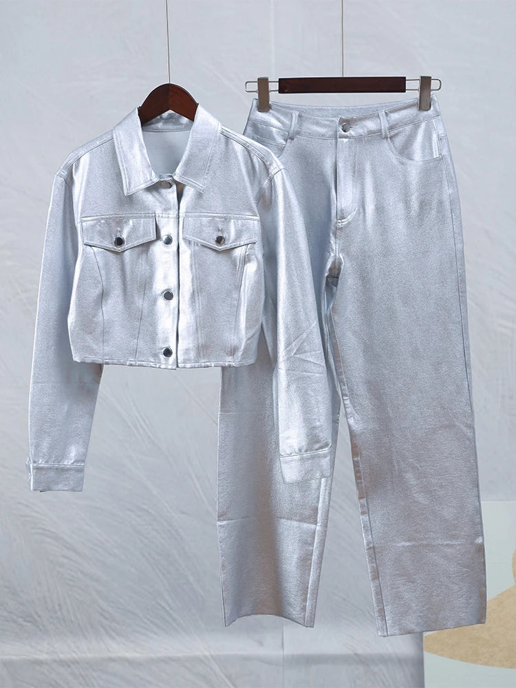 Metallic Look Jacket & Pants Two Piece Set - Festigal