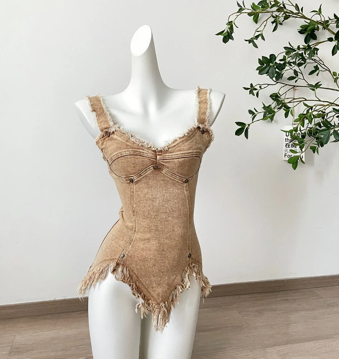 Denim Distressed Tank Top & Bubble Skirt Two Piece Set - Festigal