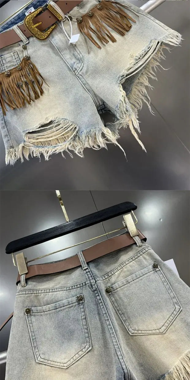 Denim Distressed Tassel Shorts