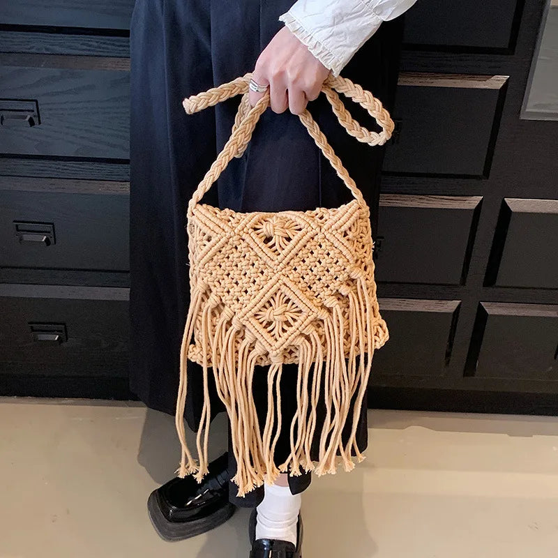 Fringed Woven Crochet Crossbody Bag