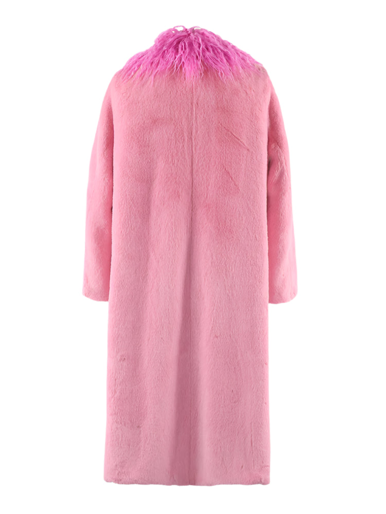 Pink Faux Fur Trim Collar Coat - Festigal