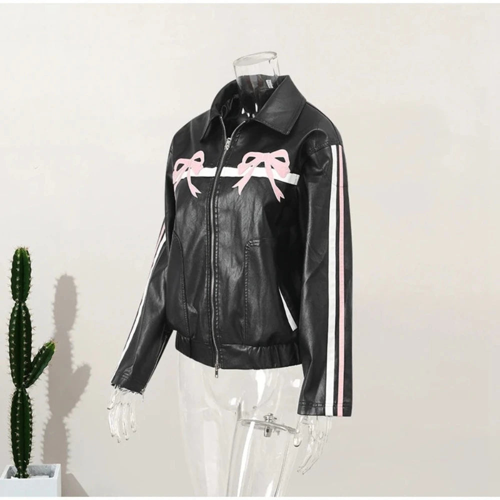 Pink Bow Motorcycle PU Leather Jacket - Festigal