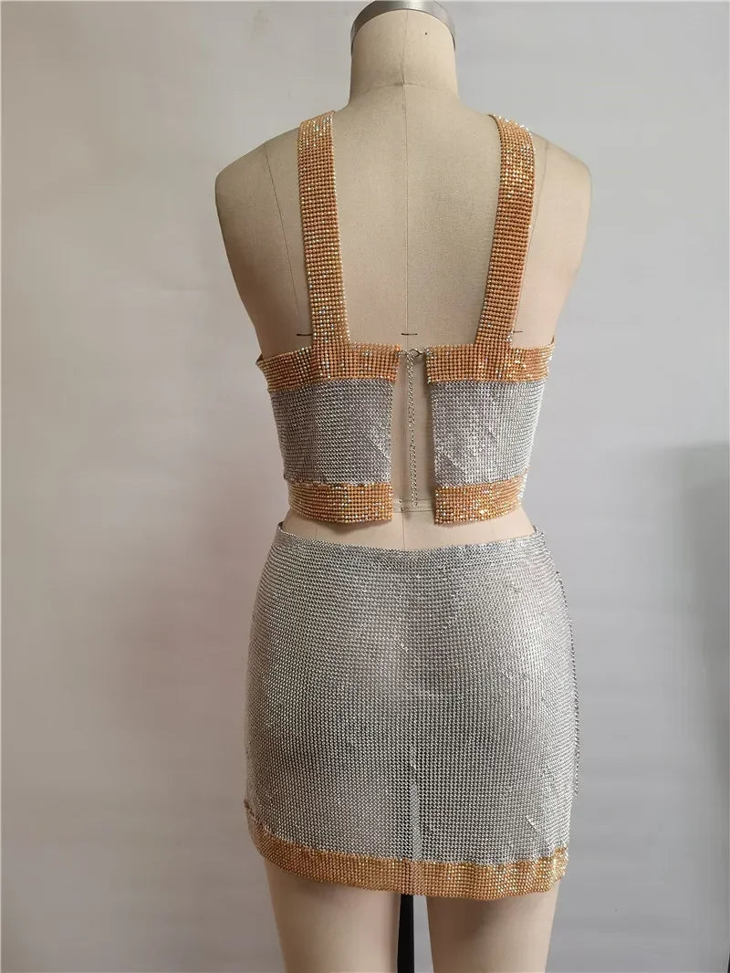 Metallic Sequin Asymmetrical Top & Skirt Set - Festigal