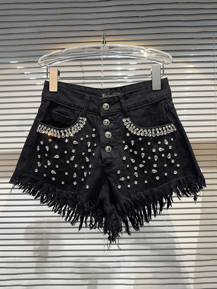 Denim Rhinestone Frayed Shorts - Festigal