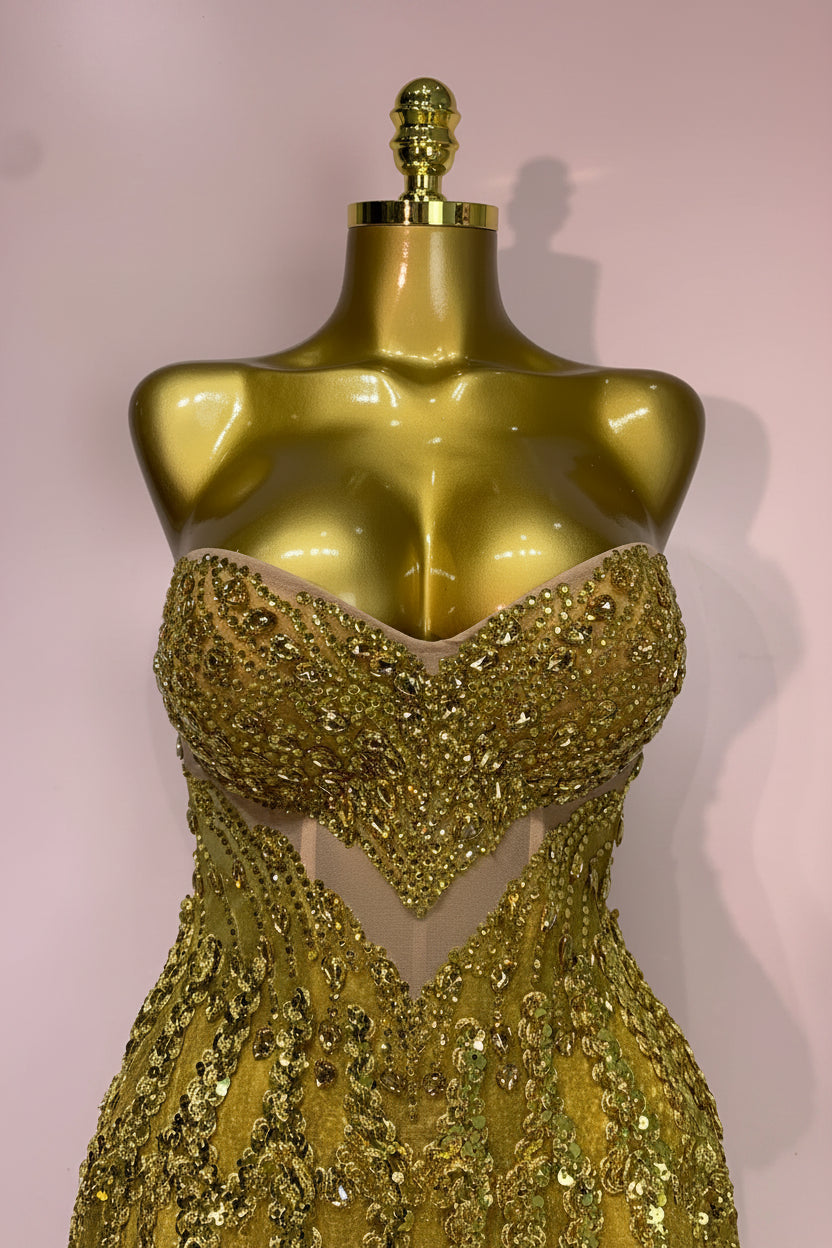 Gold Sweetheart Sequin A-Line Dress