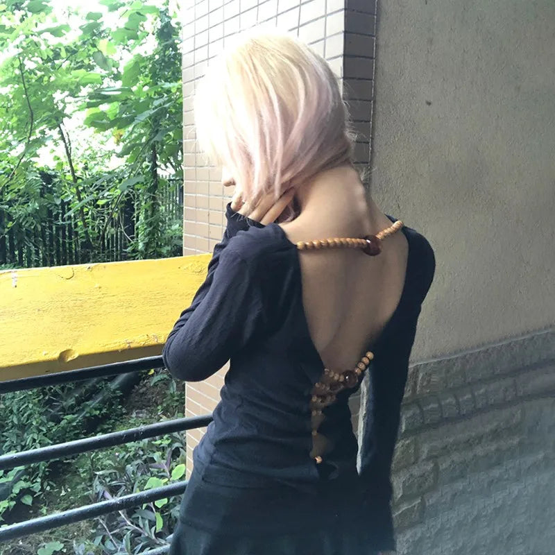 Beaded Hollow Out Long Sleeve Top - Festigal