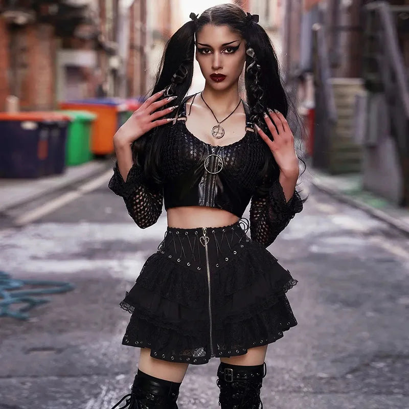 Goth Punk High Waist Zipper Mini Skirt - Festigal