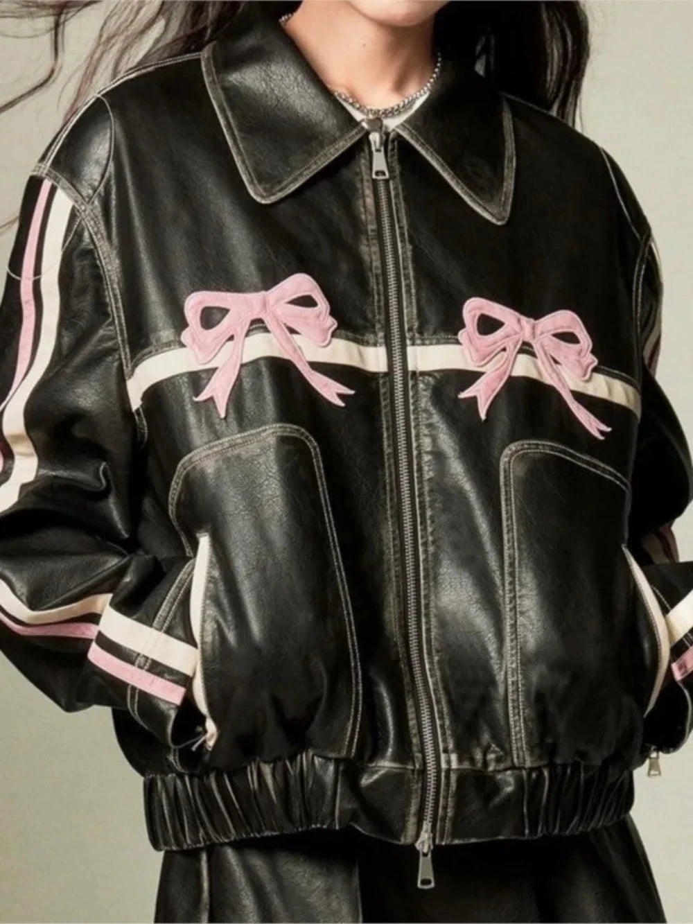 Pink Bow Motorcycle PU Leather Jacket - Festigal