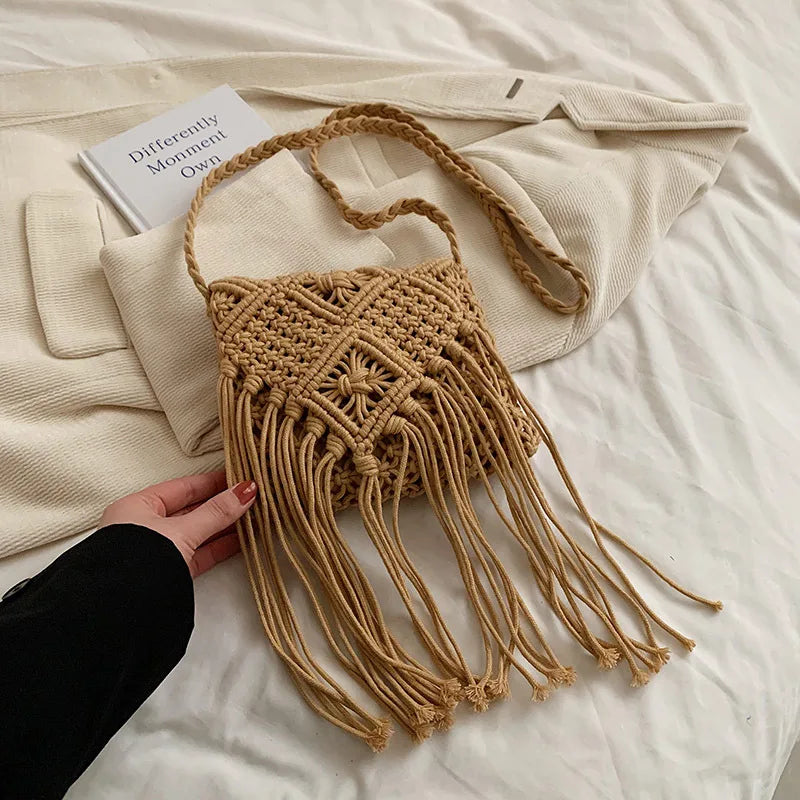 Fringed Woven Crochet Crossbody Bag