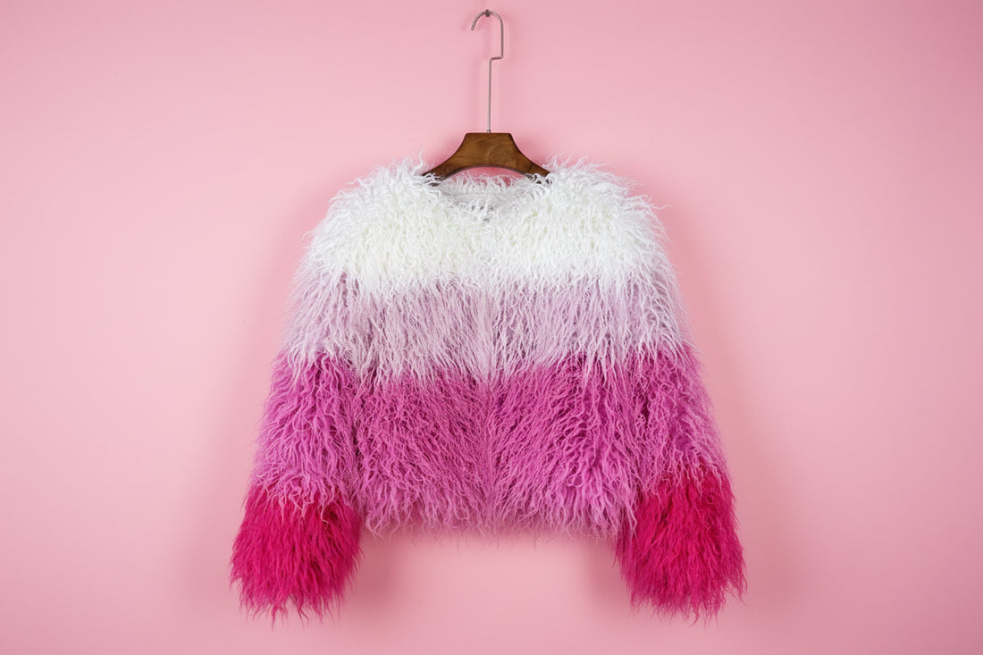 Rainbow Striped Shaggy Faux Fur Coat