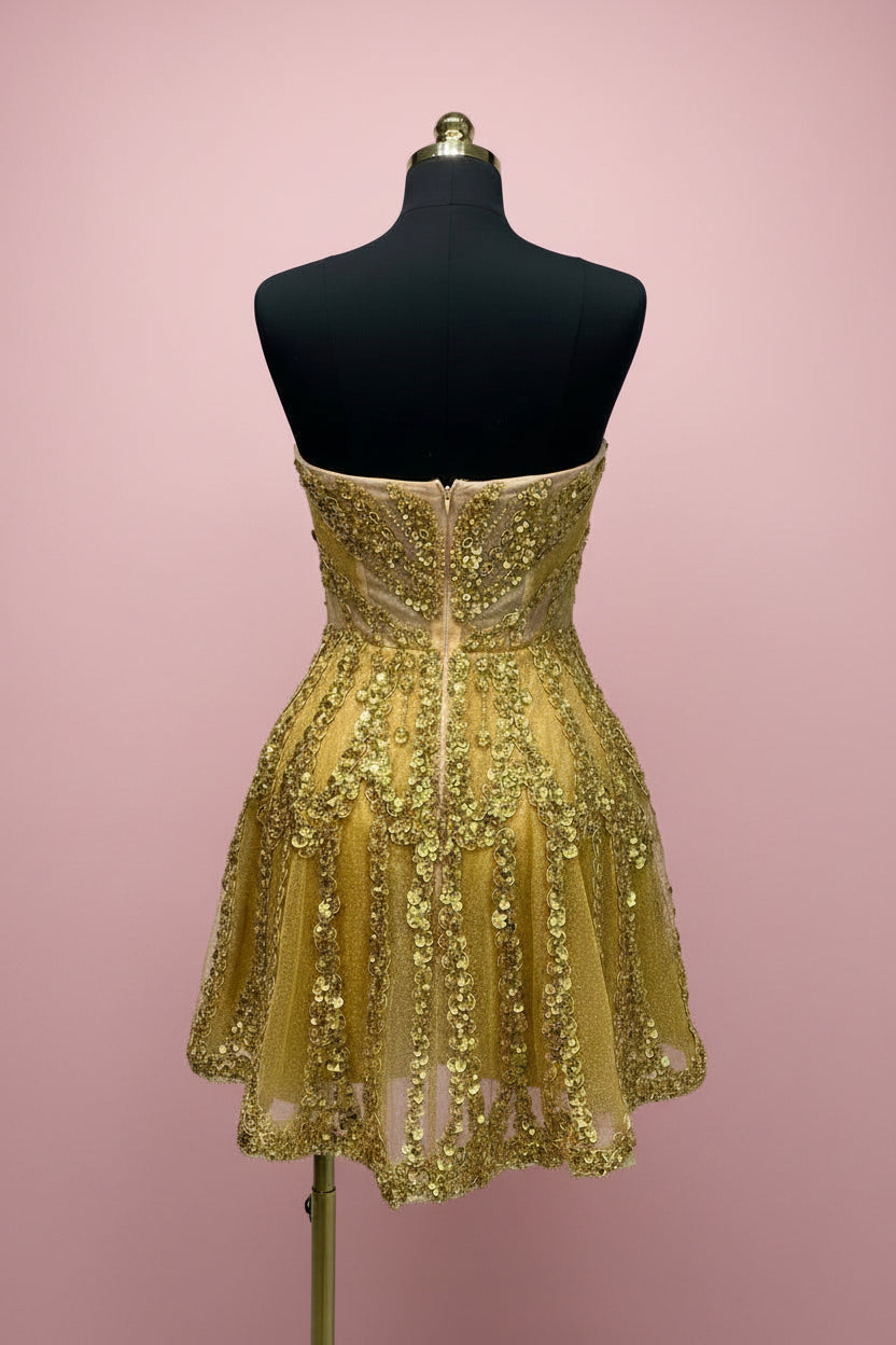 Gold Sweetheart Sequin A-Line Dress