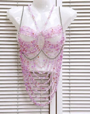 Beaded Tassel Chain Halter Neck Top