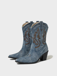 Embroidered Denim Cowboy Boots