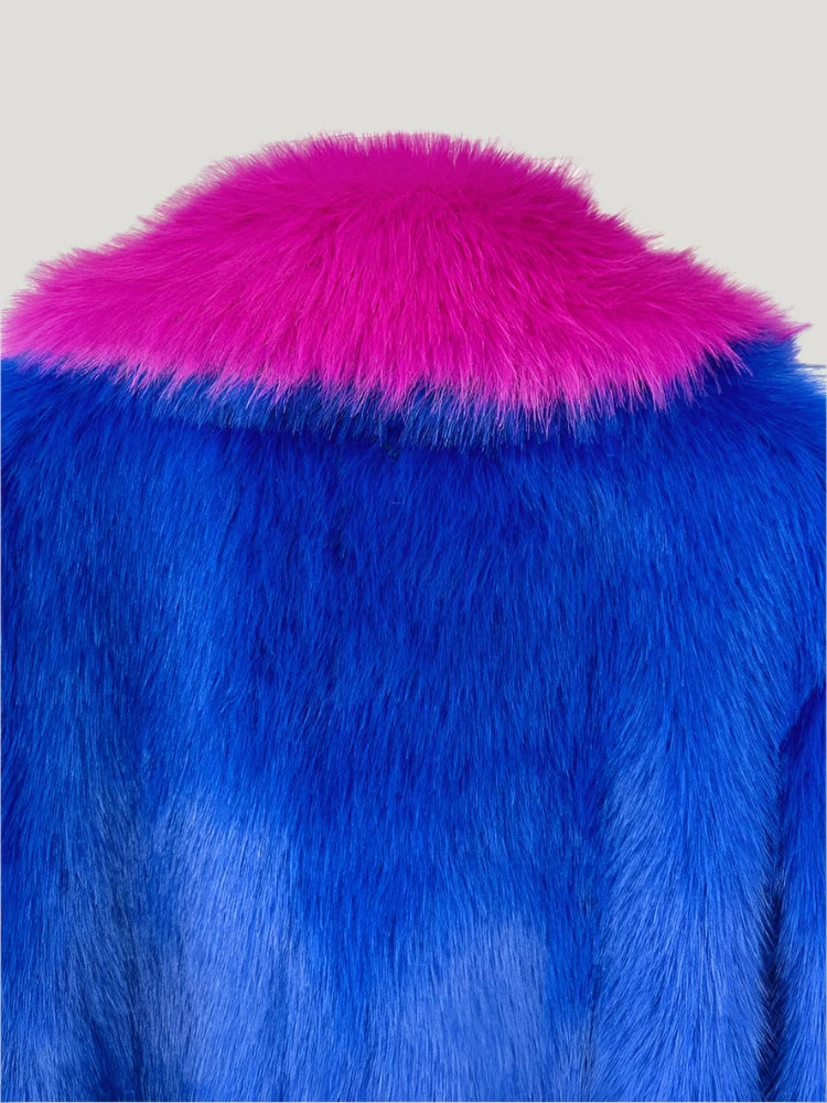 Blue and Pink Contrast Long Faux Fur Coat - Festigal