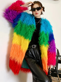 Rainbow Striped Faux Fur Coat