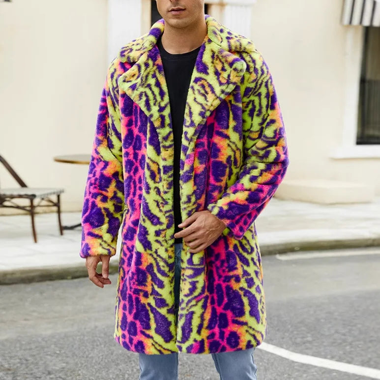Men's Neon Leopard Print Faux Fur Coat - Festigal