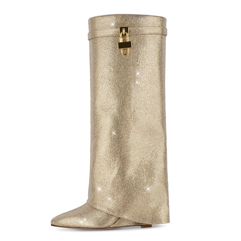 Rhinestone Knee High Wedge Boots