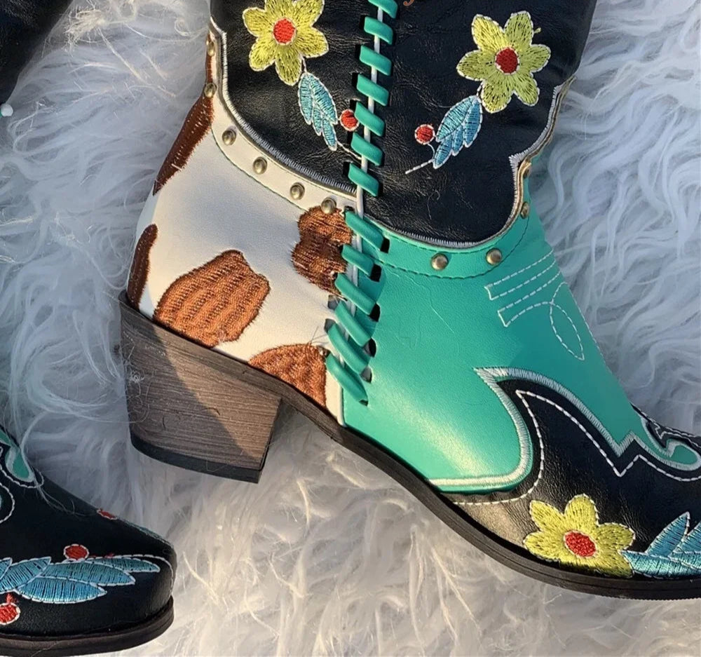 Embroidered Patchwork Cowboy Boots - Festigal