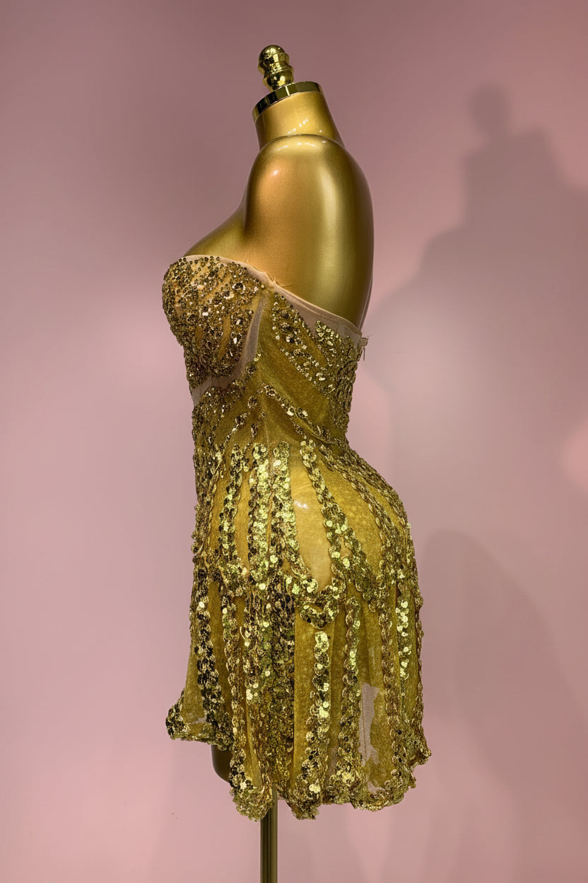 Gold Sweetheart Sequin A-Line Dress