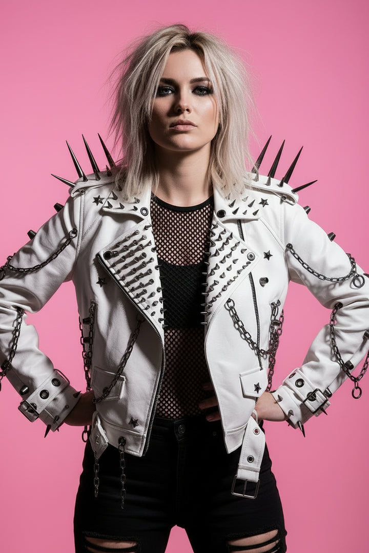 White Faux Leather Spiked Jacket