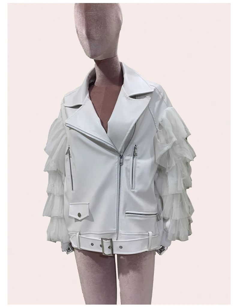 Faux Leather Ruffle Sleeve Jacket - Festigal