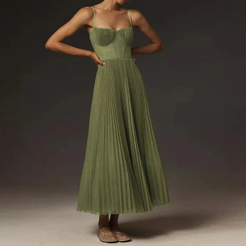 Green Pleated A-Line Dress - Festigal