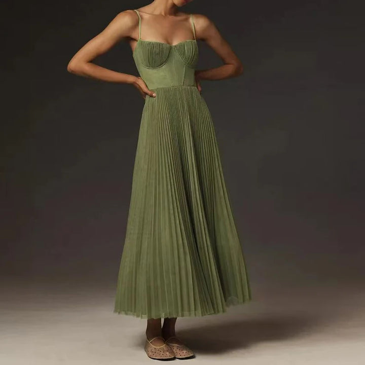 Green Pleated A-Line Dress - Festigal