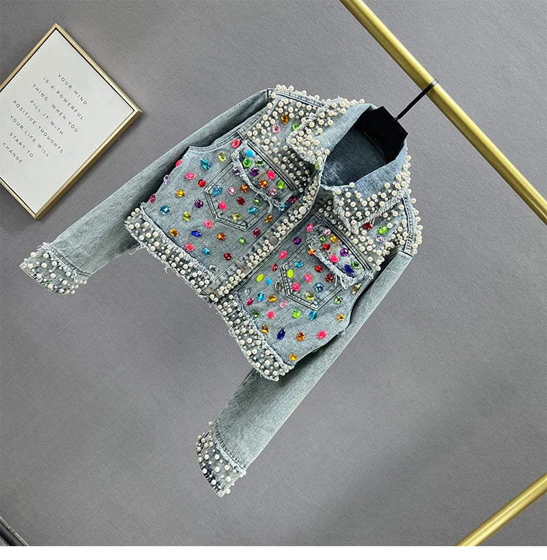 Pearl Gem Embellished Denim Jacket