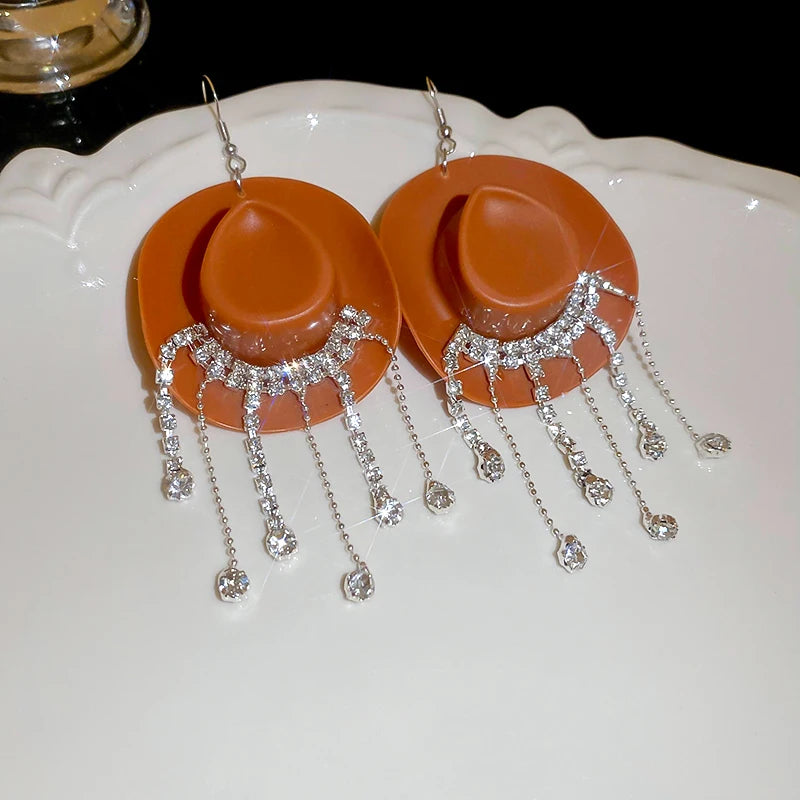 Rhinestone Cowgirl Hat Tassel Earrings