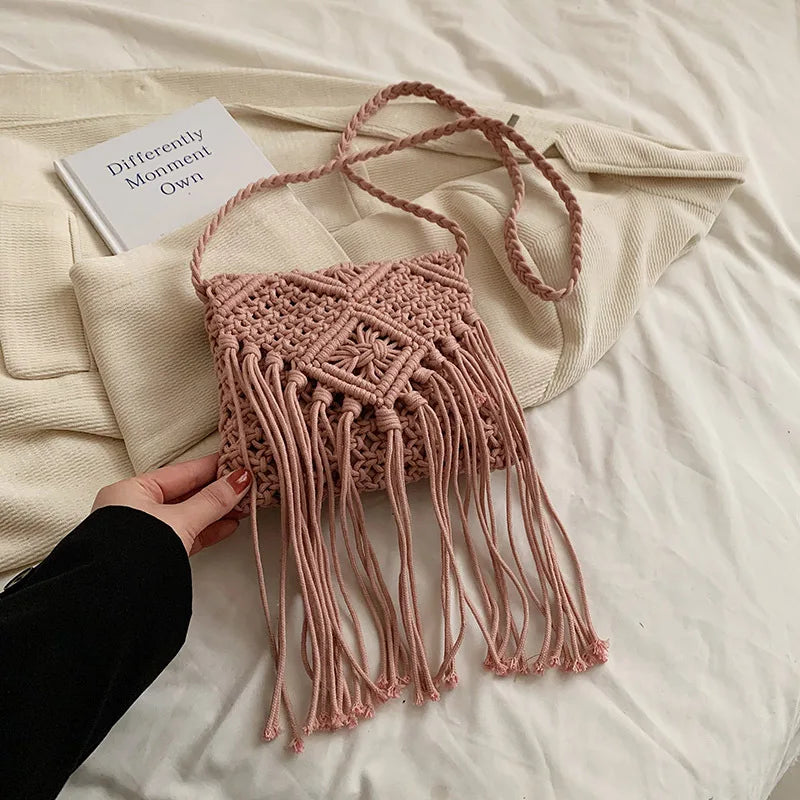 Fringed Woven Crochet Crossbody Bag