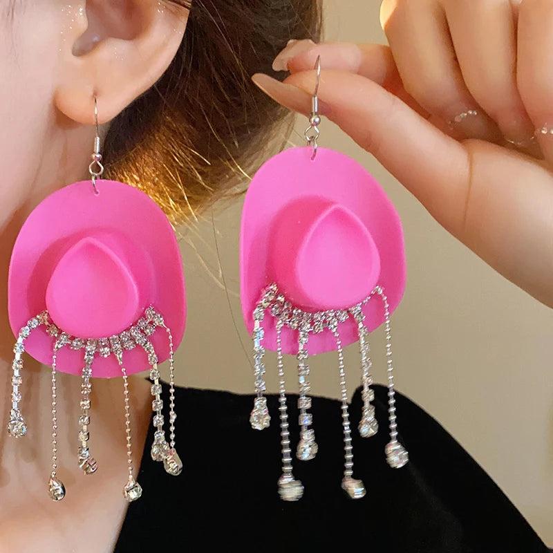 Rhinestone Cowgirl Hat Tassel Earrings