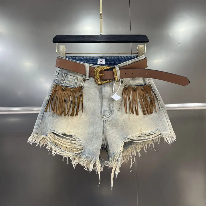Denim Distressed Tassel Shorts - Festigal