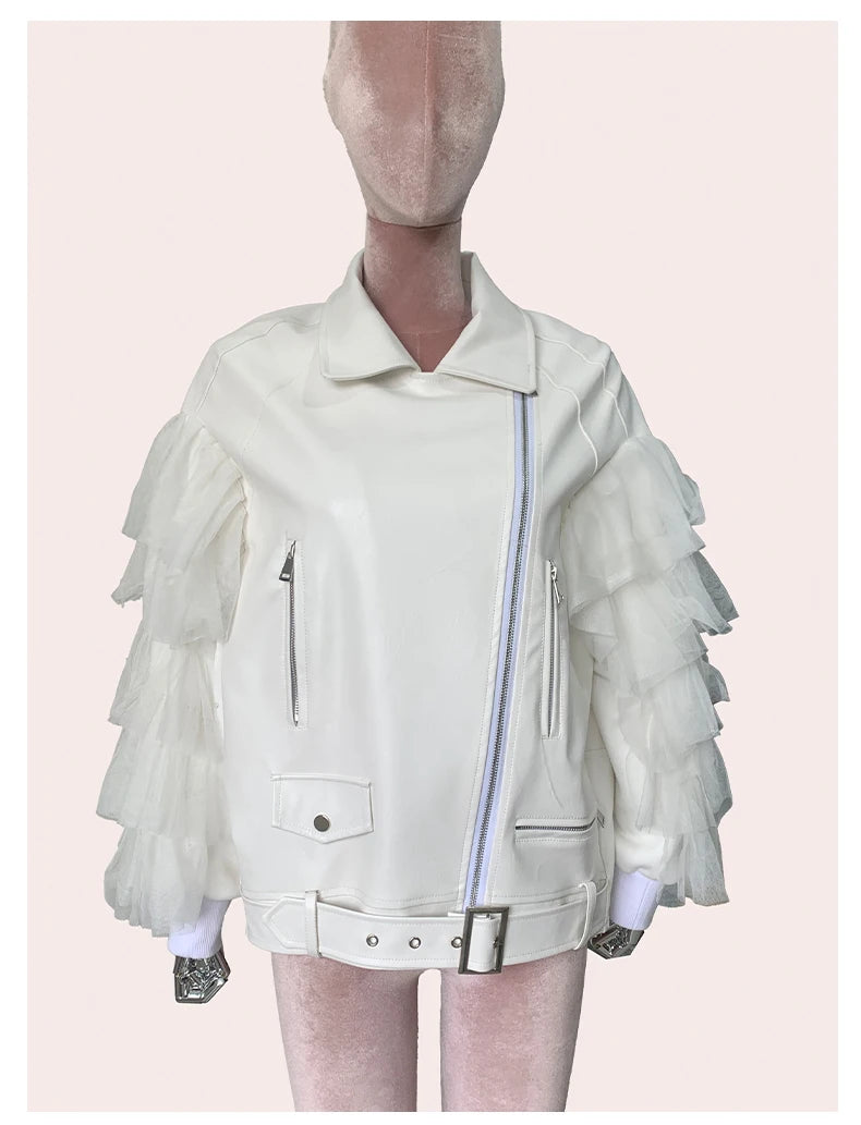 Faux Leather Ruffle Sleeve Jacket - Festigal