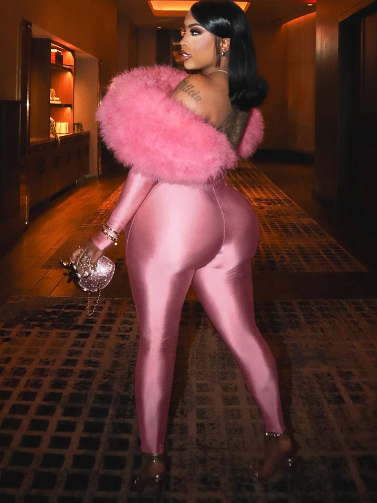 Fur Cut Out Wet Look Bodysuit