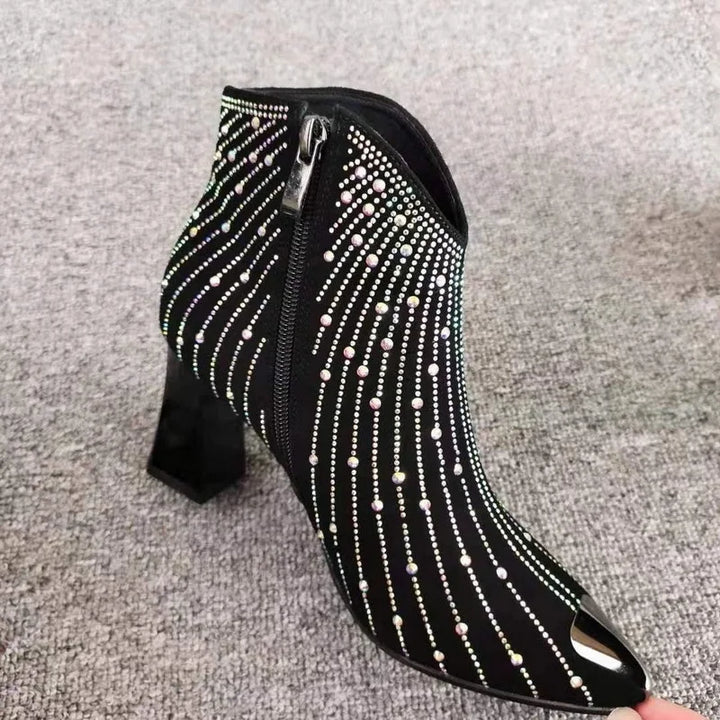 Black Rhinestone Ankle Boots - Festigal