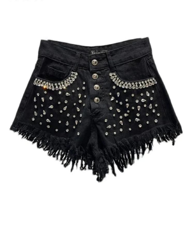 Denim Rhinestone Frayed Shorts - Festigal