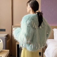 Women's Faux Fur Blue Sequin Tassel Jacket