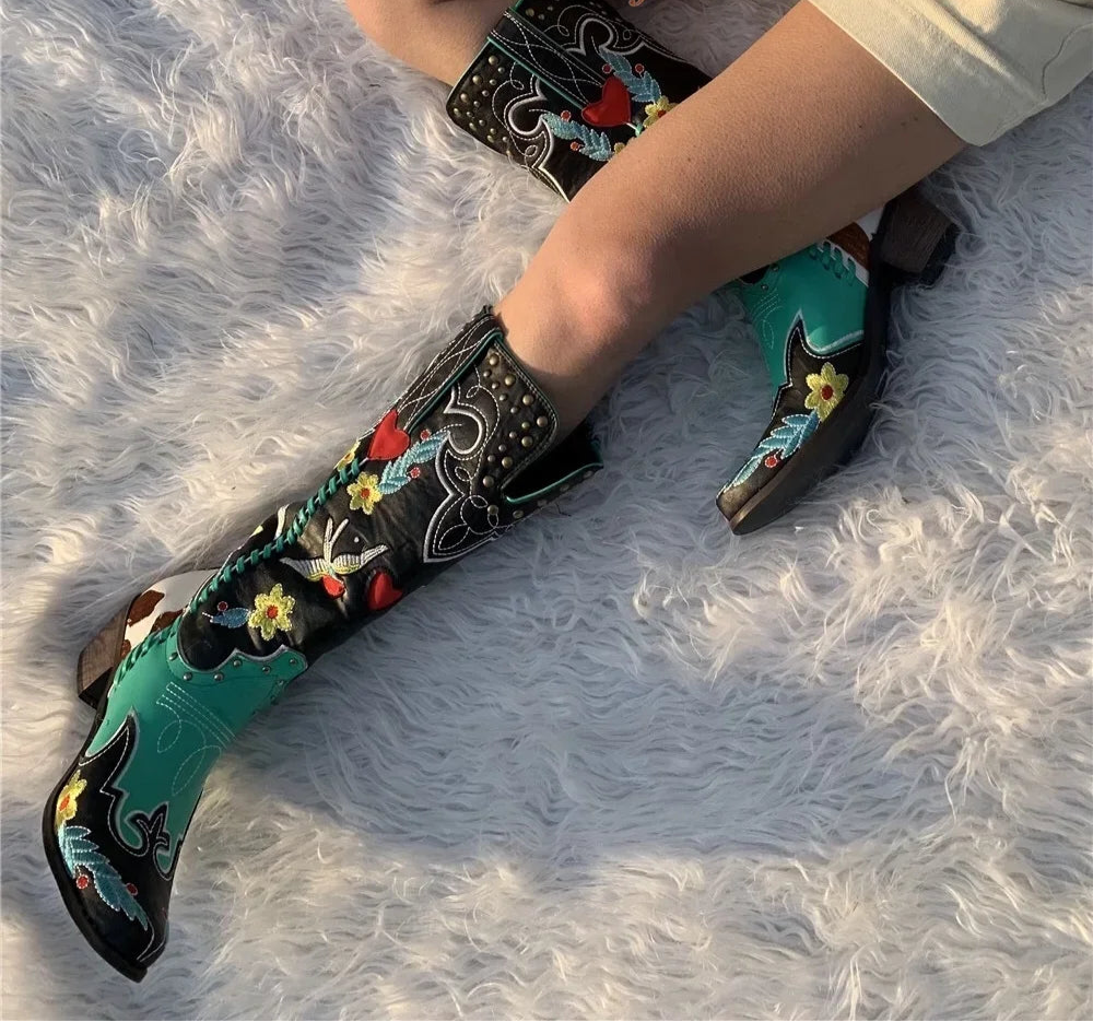 Embroidered Patchwork Cowboy Boots - Festigal